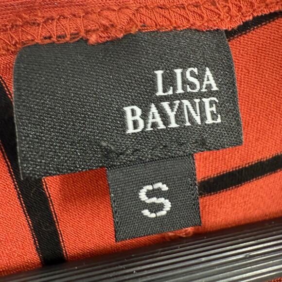 LISA BAYNE Sz Small Orange Black Super Stretchy Wearable Art Blouse Shirt Top - Picture 2 of 5